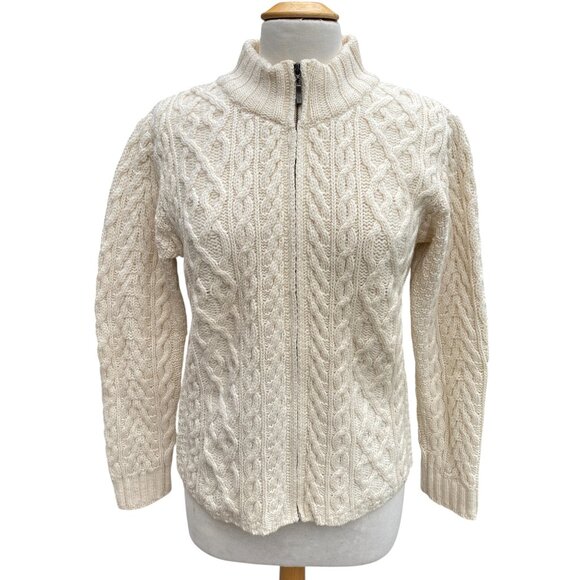 Inis Crafts Ireland 100% Wool Cable Knit Fisherman Zip Cardigan Sz M Coastal Sea - Picture 1 of 11